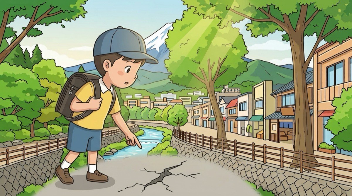 通学路のひび割れに気づいて指をさす子ども