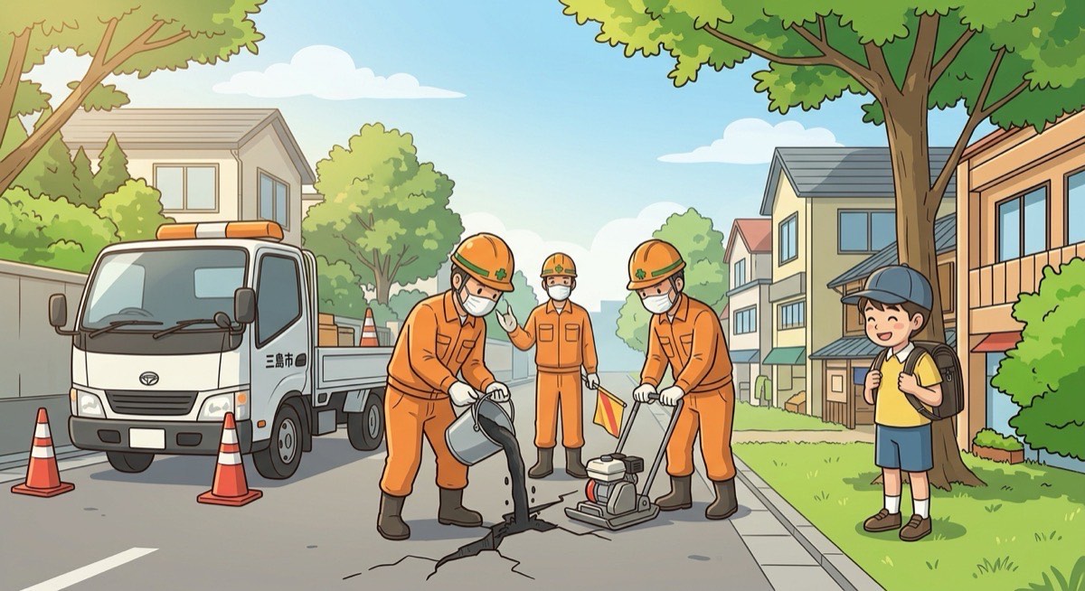 道路の補修工事をする市の作業員と、それを見守る子ども