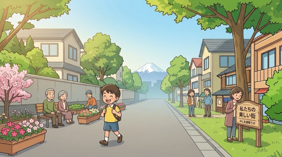 桜が咲き、住民が花壇の手入れをする、整った街並みを歩く子ども